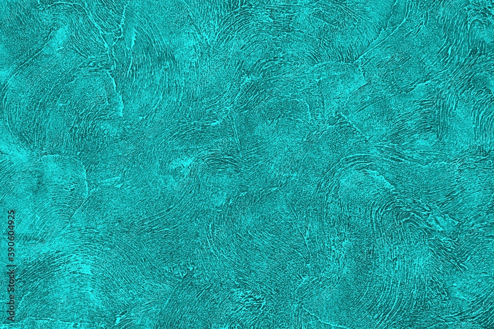 Teal texture wall. Turquoise stucco background. Cyan effect plaster. Abstract backdrop. Paint