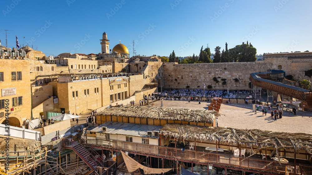 Panoramic view of Western Wall Plaza square beside Holy Temple Mount with Dome of the Rock shrine and Bab al-Silsila minaret in historic Old City of Jerusalem, Israel