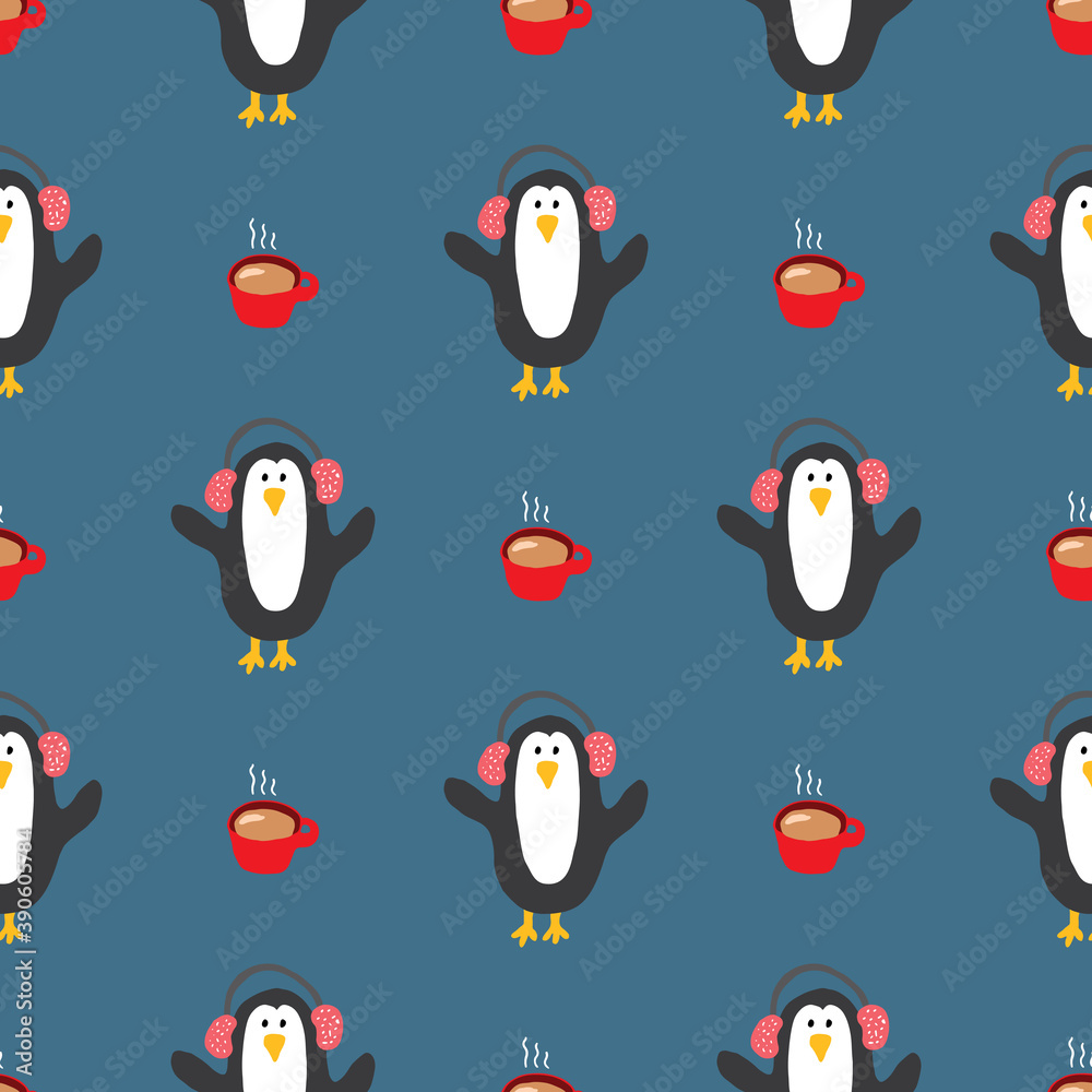 Fototapeta premium New Year and Christmas seamless pattern with penguins, hand drawn doodles Seamless Pattern. Background Vector Illustration
