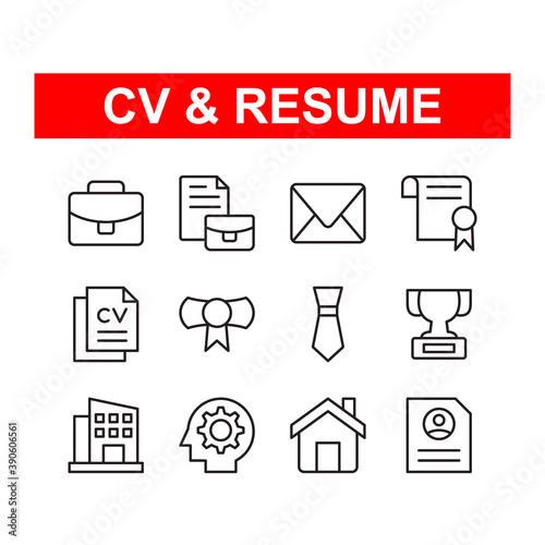 Cv and resume icon set. Contains such Icons as job, company, skill and more. Line style design. Vector graphic illustration. Suitable for website design, app, template, ui.