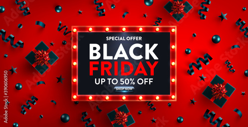 Black Friday Sale Poster for Retail,Shopping or Promotion with black gift box and Retro light sign.Black Friday banner template design for big sale special offer of the year