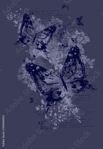 Abstract floral texture print big and small butterfly 