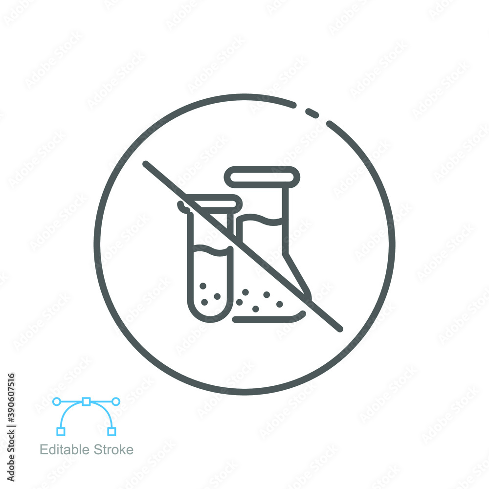 No chemical risk icon. Organic food, no additives, no preservatives. prohibition of chemical additives. Line pictogram style. Editable stroke. Vector illustration. Design on white background. EPS 10