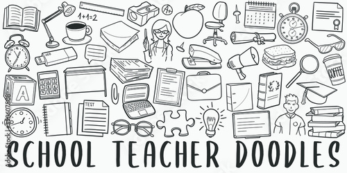 School Tools doodle icon set. Classroom Teacher Vector illustration collection. Banner Hand drawn Line art style.