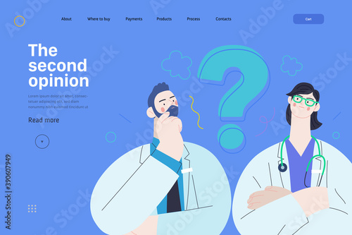 Medical insurance template -second opinion on a matter -modern flat vector concept digital illustration of two doctors and a question mark, second medical opinion metaphor, medical insurance plan