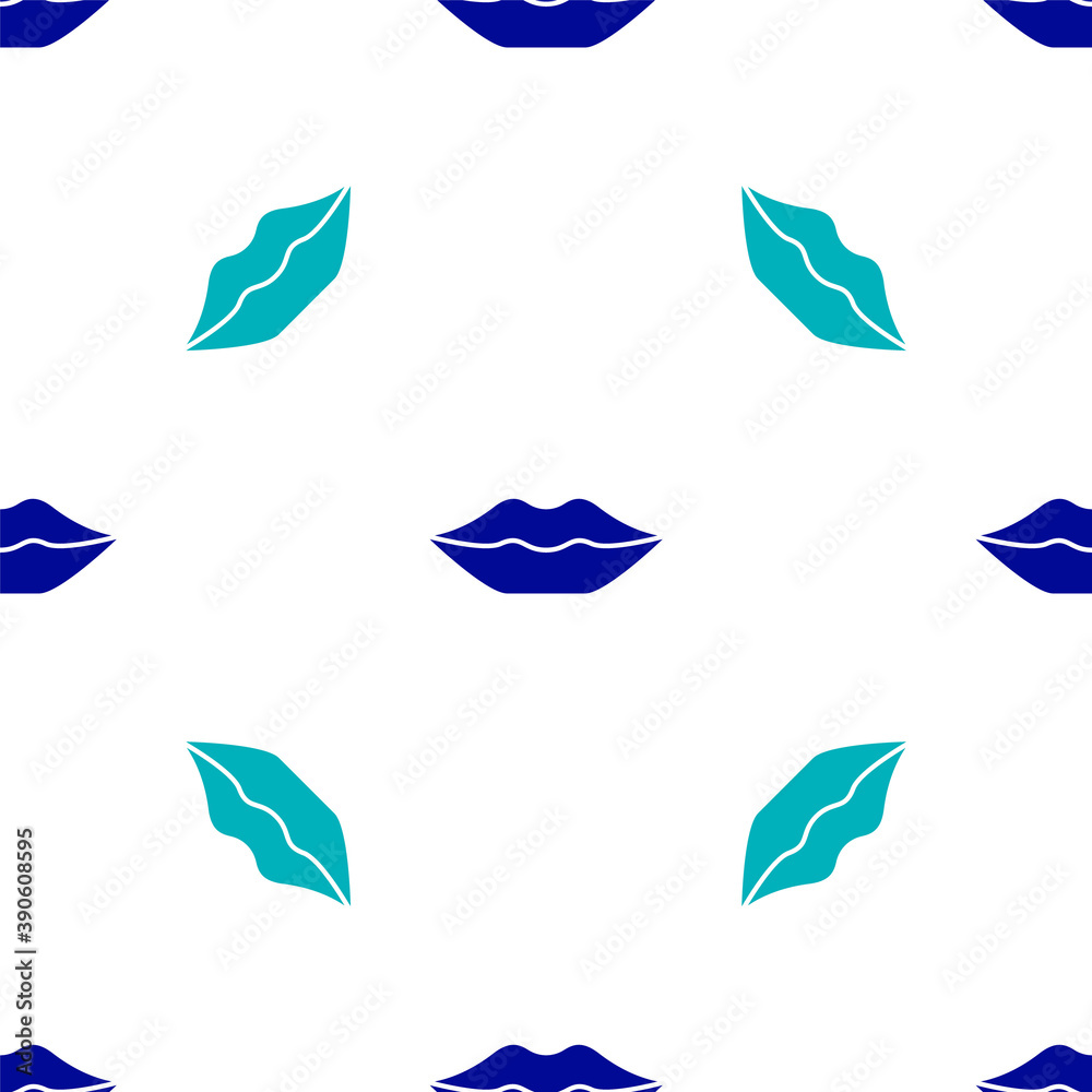 Blue Smiling lips icon isolated seamless pattern on white background. Smile symbol. Vector.