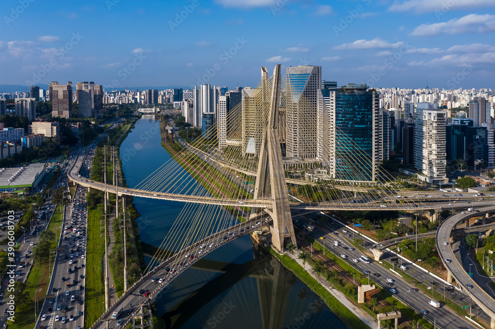 Obraz premium Estaiada's bridge aerial view. São Paulo, Brazil. Business center. Financial Center. City landscape. Cable-stayed bridge of Sao Paulo. Downtown. City view. Aerial landscape,