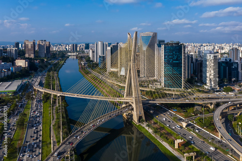 Estaiada's bridge aerial view. São Paulo, Brazil. Business center. Financial Center. City landscape. Cable-stayed bridge of Sao Paulo. Downtown. City view. Aerial landscape, photo