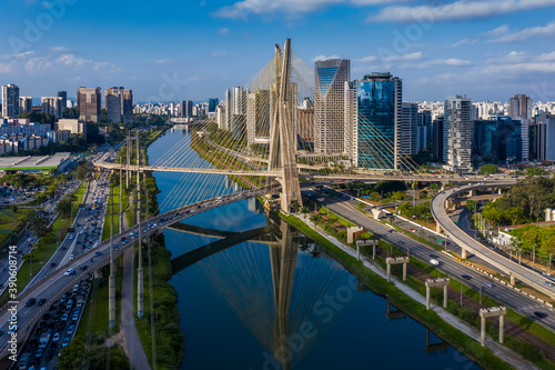 Estaiada's bridge aerial view. São Paulo, Brazil. Business center. Financial Center. City landscape. Cable-stayed bridge of Sao Paulo. Downtown. City view. Aerial landscape photo