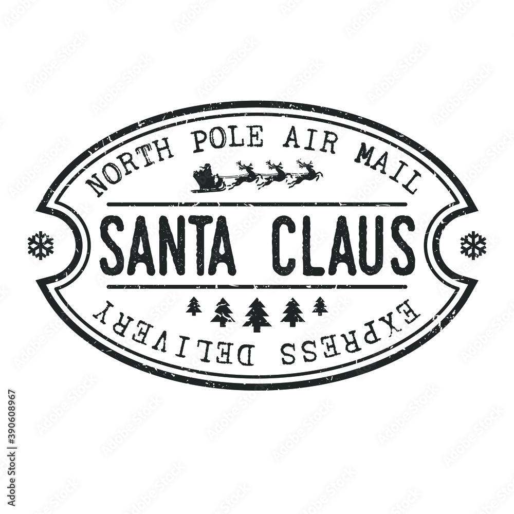 North Pole Mail Santa Claus Vector Stamp Round Design illustration Silhouette. - obrazy, fototapety, plakaty 