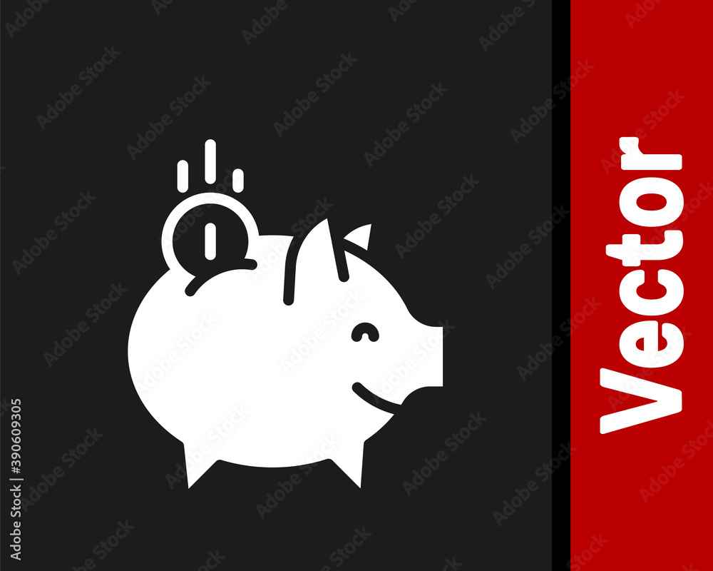 Obraz premium White Piggy bank with coin icon isolated on black background. Icon saving or accumulation of money, investment. Vector.