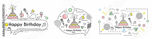 Birthday cake icon vector illustration. Text Happy birthday. Cake for birthday celebration with candles.