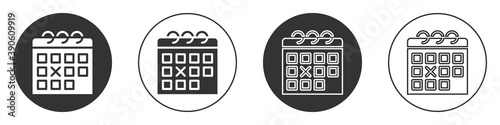 Black Calendar fitness icon isolated on white background. Training schedule. Circle button. Vector.