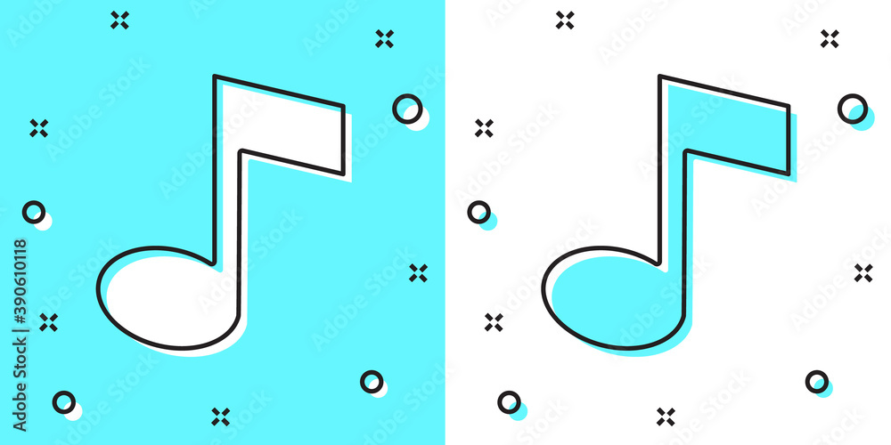 Black line Music note, tone icon isolated on green and white background. Random dynamic shapes. Vector. Black line Music note, tone icon isolated on green and white background. Random dynamic shapes. Vector.