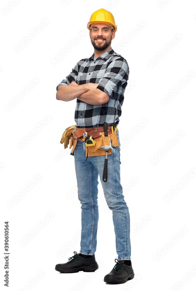 profession, construction and building - happy smiling male worker or builder in helmet with crossed arms over white background profession, construction and building - happy smiling male worker or builder in helmet with crossed arms over white background