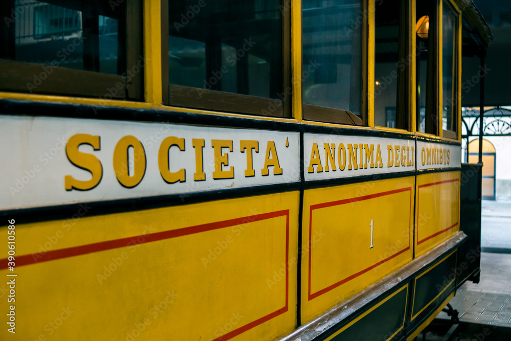 vintage yellow tram, train, bus