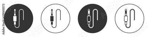 Black Audio jack icon isolated on white background. Audio cable for connection sound equipment. Plug wire. Musical instrument. Circle button. Vector.
