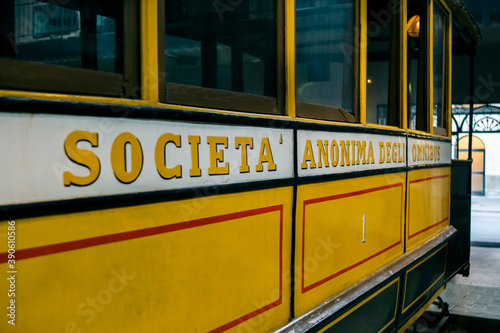 vintage yellow tram, train, bus