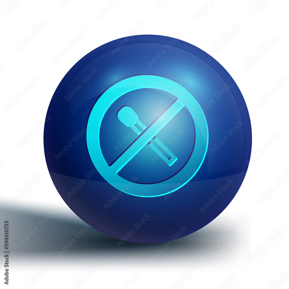 Blue No fire match icon isolated on white background. No open flame. Burning match crossed in circle. Blue circle button. Vector. Blue No fire match icon isolated on white background. No open flame. Burning match crossed in circle. Blue circle button. Vector.