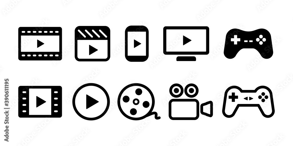 動画再生ボタンテレビビデオのアイコン複数セットイラスト白黒 Stock Vector Adobe Stock