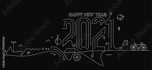 Happy New Year 2021 Text with travel world Design Patter  Vector illustration.