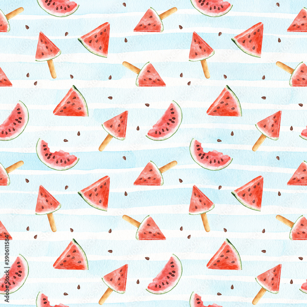 Seamless pattern with watercolor watermelon on striped blue background. Seamless pattern with watercolor watermelon on striped blue background.