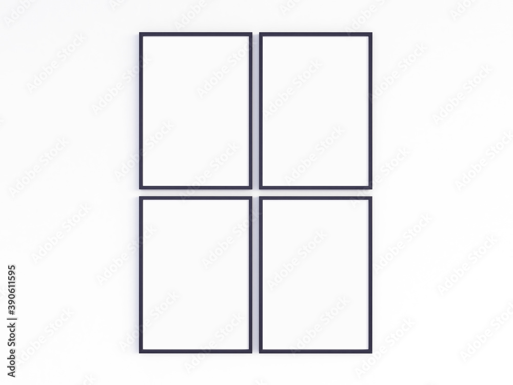 Four A4 thin black frames. 3D illustration. Four A4 thin black frames. 3D illustration.