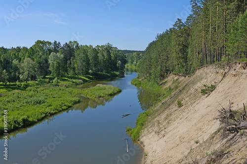 summer landscape of river and forest in the middle of summer