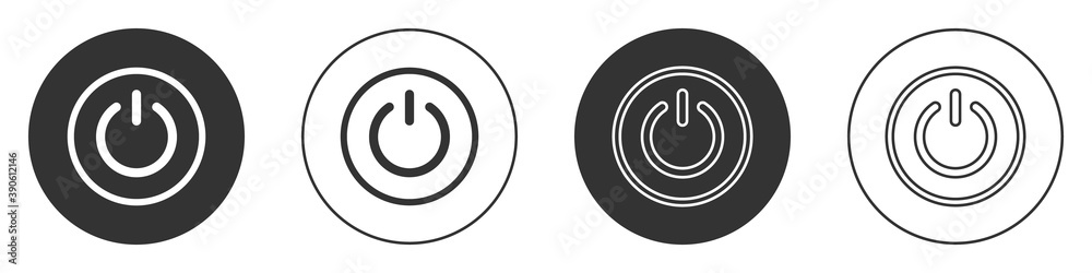 Black Power button icon isolated on white background. Start sign. Circle button. Vector.