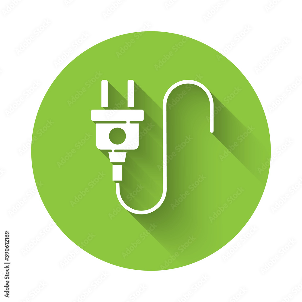 White Electric plug icon isolated with long shadow. Concept of connection and disconnection of the electricity. Green circle button. Vector. White Electric plug icon isolated with long shadow. Concept of connection and disconnection of the electricity. Green circle button. Vector.