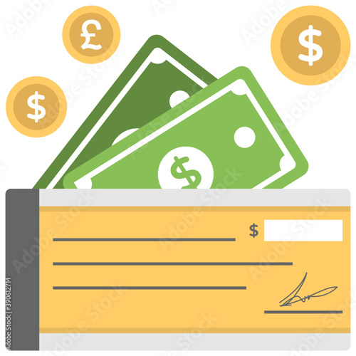 
Dollars coming out from cheque book depicting payments. 
