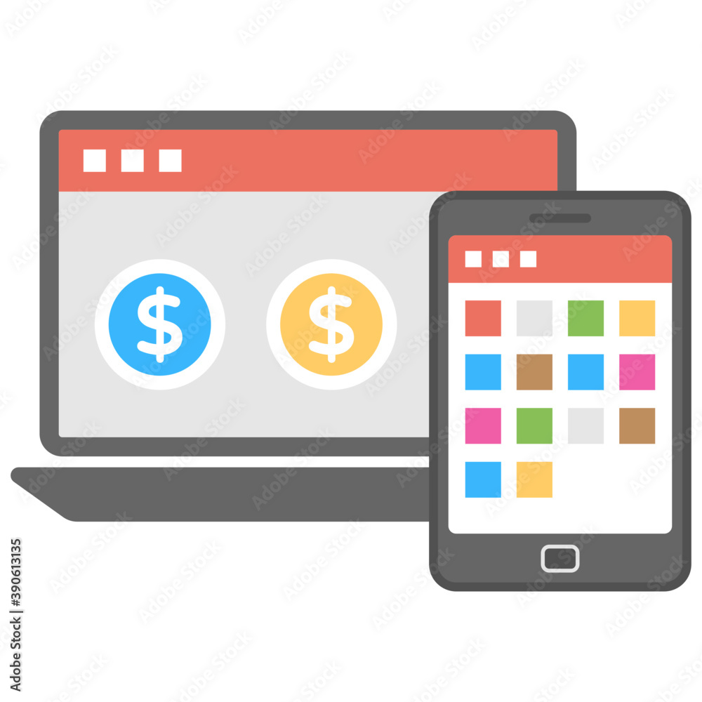 Electric devices showing dollars depicting online banking devices, flat icon
Electric devices showing dollars depicting online banking devices, flat icon