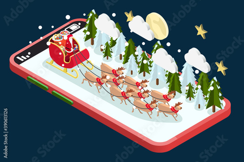Isometric Santa claus in red sleigh by reindeer on phone screen, Father christmas new year, Merry Christmas and Happy New Year.