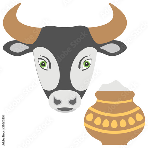 
An icon with cow alongside a decorated clay pot describing the agricultural festival of india

