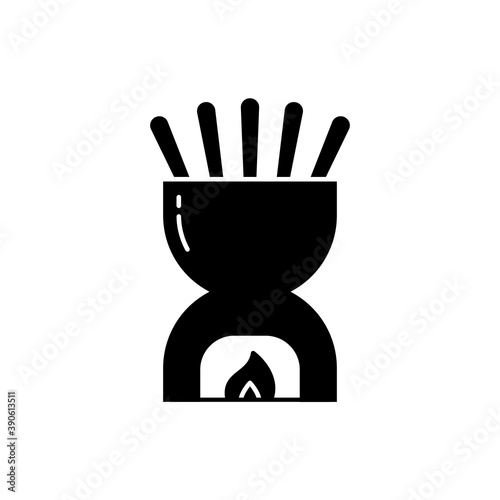 Fondue bowl, silhouette icon. Outline pictogram of ceramic pot with forks. Black illustration of special heated cookware for cooking cheese or chocolate sauce. Flat isolated vector, white background