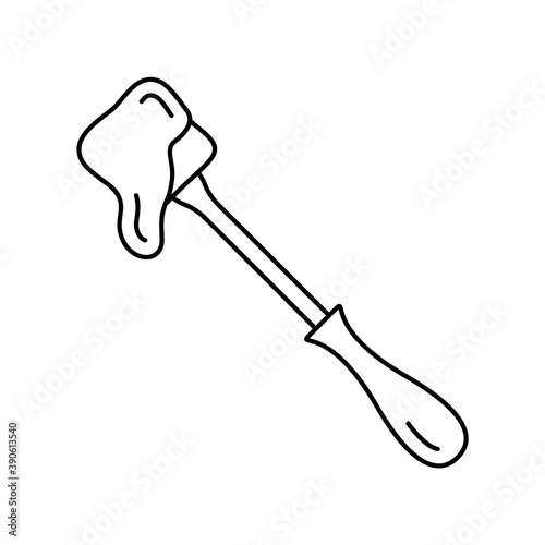 Fondue fork. Piece of food or bread with dripping cheese or chocolate sauce. Line art icon of tasty snack. Black simple illustration. Contour isolated vector pictogram, white background