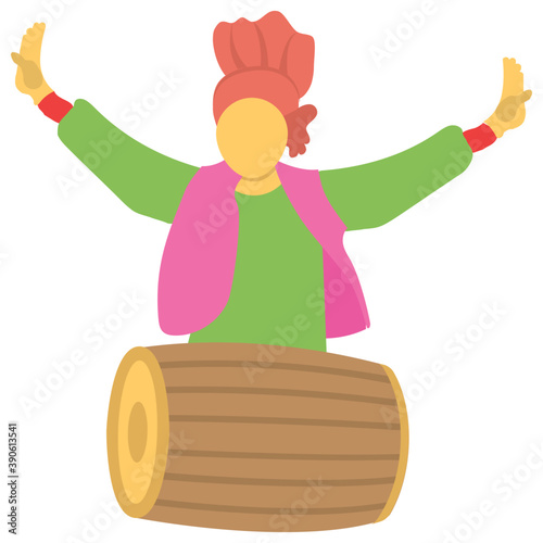 
Punjabi man in turban and stoller with dhol doing bhangra depicting vaisakhi event celebration 
