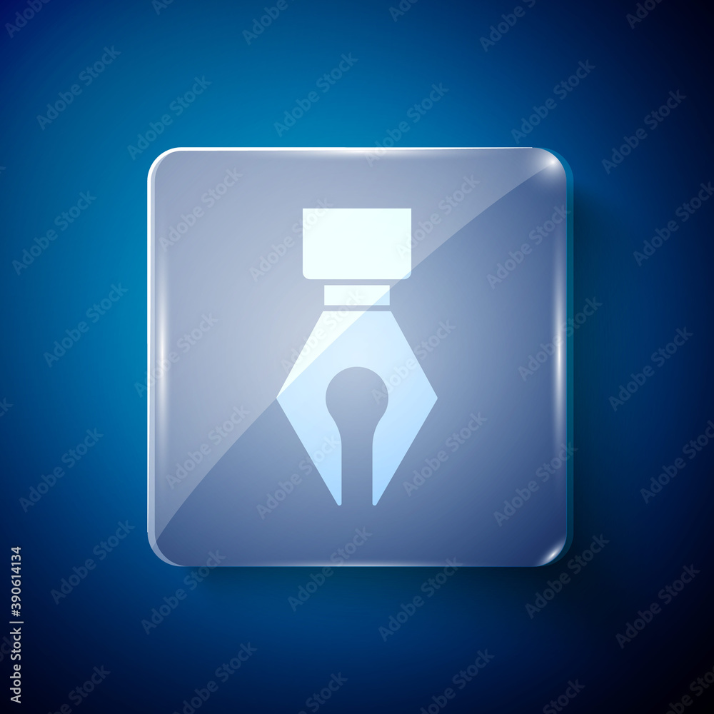 White Fountain pen nib icon isolated on blue background. Pen tool sign. Square glass panels. Vector. White Fountain pen nib icon isolated on blue background. Pen tool sign. Square glass panels. Vector.