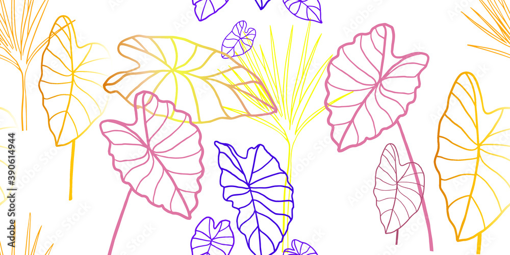 Exotic tropical leaves, seamless multicolored bright gold pattern on a white background, wrapping paper, fabric. Vector.