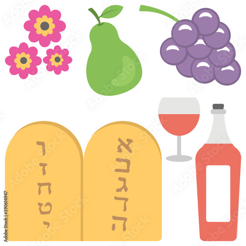
Fruits, drinks and greek engraved letters are describing the idea of shavuot celebration
