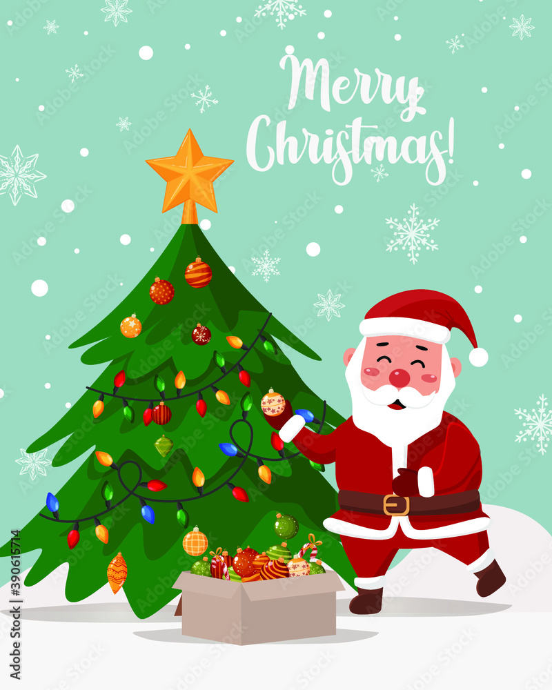 Greeting card. Santa is decorating the Christmas tree. Greeting card. Santa is decorating the Christmas tree.