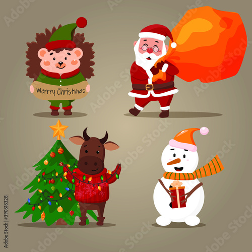 Set with New Year's characters. Santa, Bull, Hedgehog and Snowman. Vector illustration