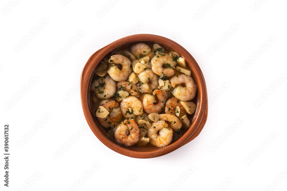 Garlic prawns in crock pot isolated on white background Garlic prawns in crock pot isolated on white background