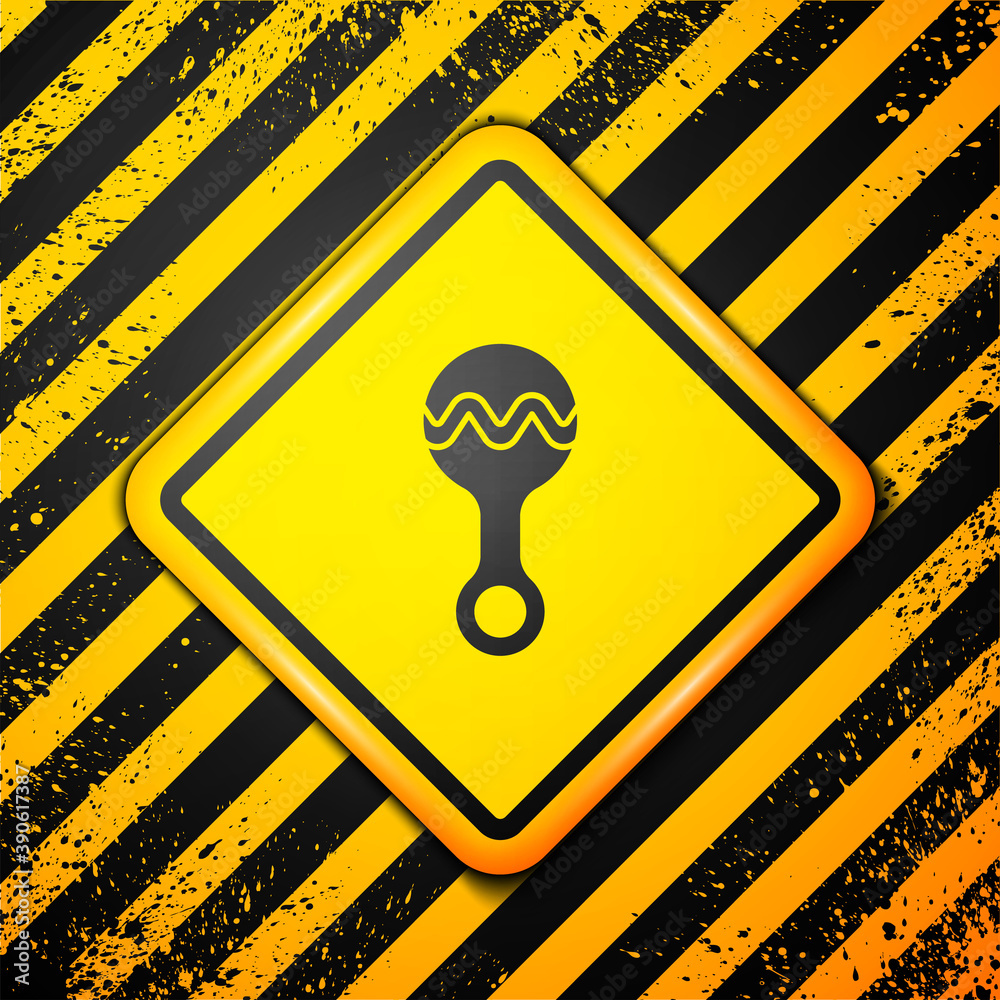 Black Rattle baby toy icon isolated on yellow background. Beanbag sign. Warning sign. Vector. Black Rattle baby toy icon isolated on yellow background. Beanbag sign. Warning sign. Vector.