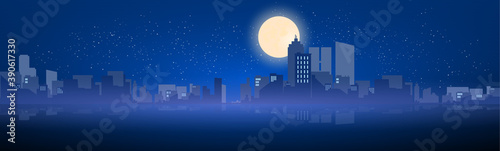 View of the modern night city. Brightening light of the moon and stars in the night sky of the city. Horizon lines. Vector illustration in a flat style. Beautiful background with lighting.
