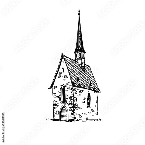 Cute old chapel exterior. Vintage European religious architecture, church building. Hand drawn doodle sketch, ink line art. Stock illustration on white background. Design for coloring book page.