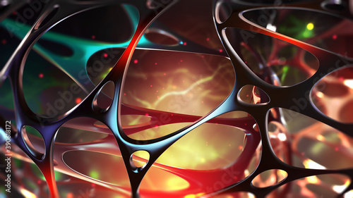 Abstract sci-fi 3D illustration. Connected neurons, electrical impulses. Artificial deep neural network. Synthetic connective tissue structure. Computer intelligence and AI technologies