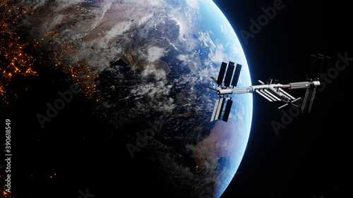 International Space Station flighting above the light of the planet. Orbiting spaceship in the univers, shuttle into atmosphere. Images from NASA. Rendered 3D illustration