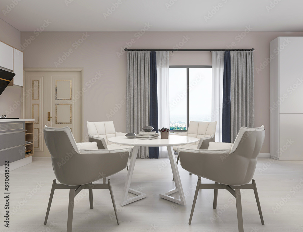 Fototapeta premium Clean and tidy dining room has wooden table and chair, very neat and clean