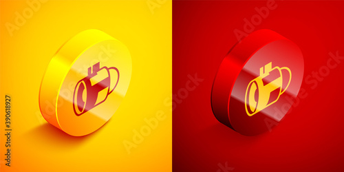 Isometric Jet engine turbine icon isolated on orange and red background. Plane turbine. Airplane equipment. Jet propeller. Aviation service. Motor running. Circle button. Vector. © Kostiantyn